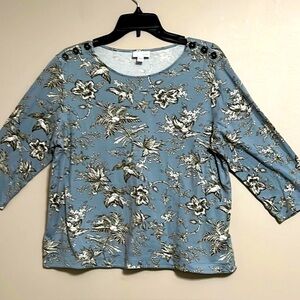 J.Jill Romantic Blue Floral Bird Boxy 3/4 Sleeve Stretch Soft Top L